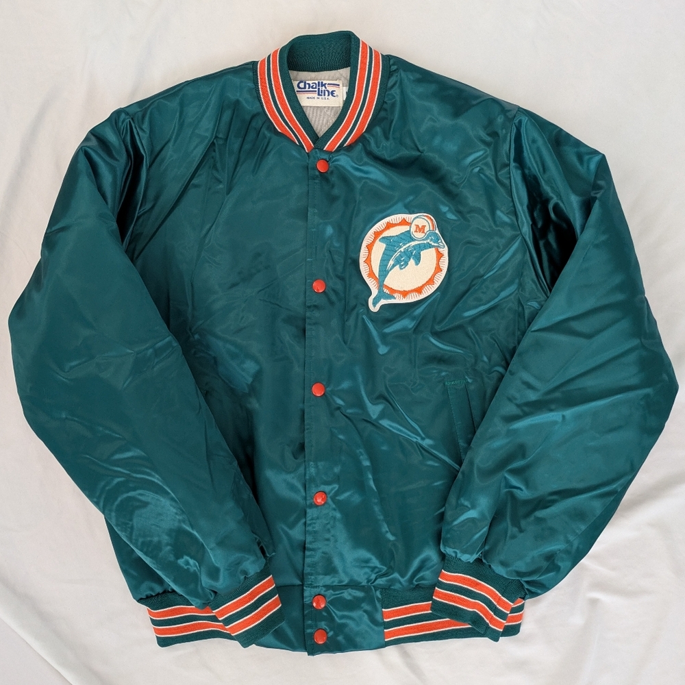 Vintage 80s 90s Chalkline Miami Dolphins Satin Varsity Bomber Jacket Size Large